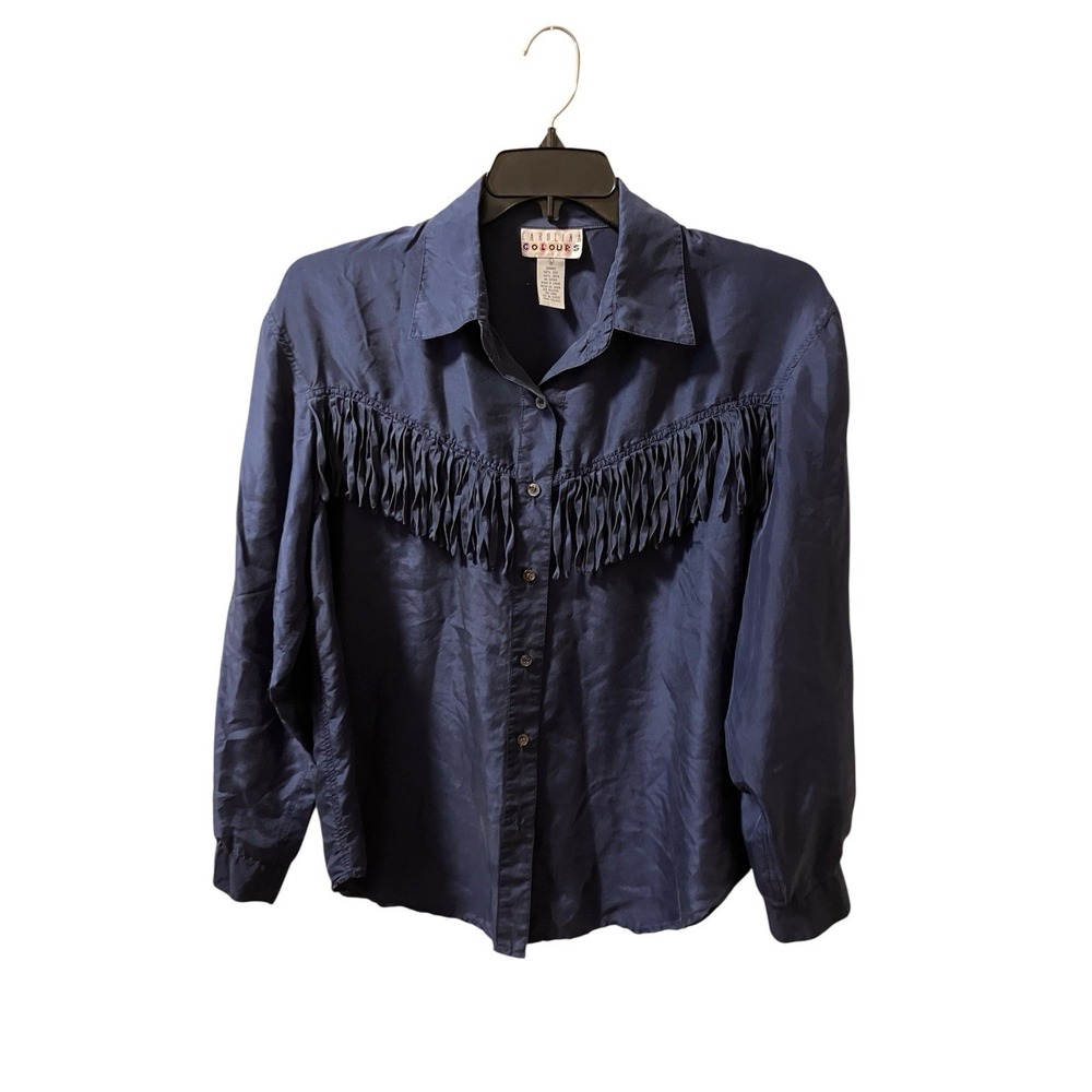 Vintage Carolina Colours Silk Blouse Top Fringe‎ Sz L Boho Cowgirl Rodeo